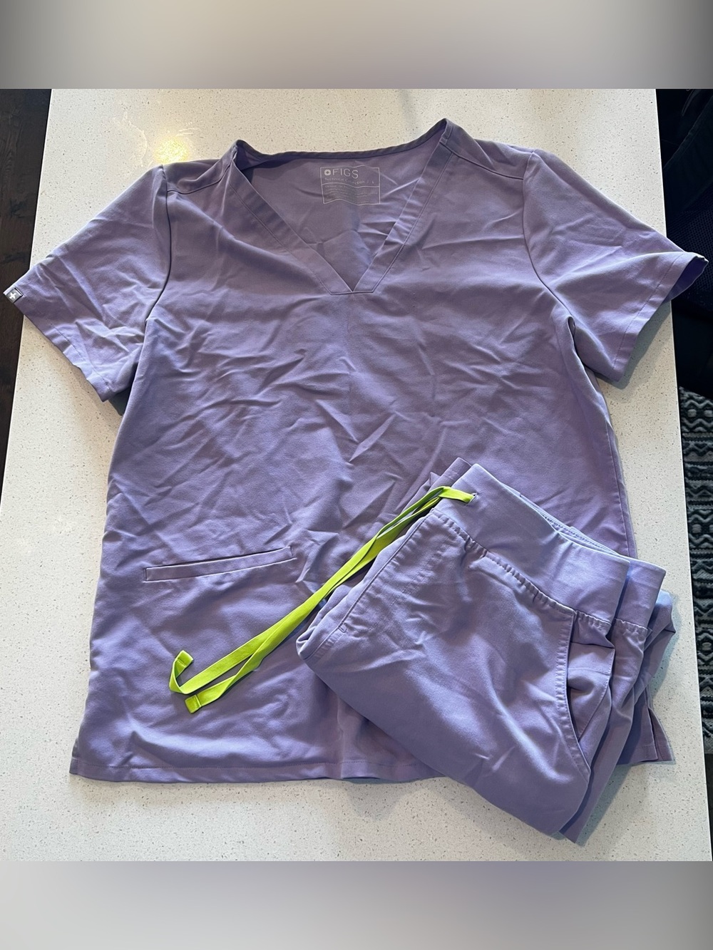 Figs Lavender Women's V-Neck Scrub Top and Pant Set with Neon Drawstring